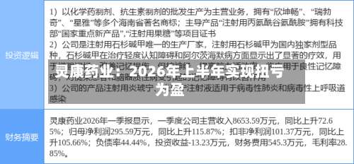 灵康药业：2026年上半年实现扭亏为盈