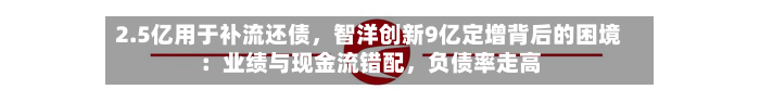 2.5亿用于补流还债，智洋创新9亿定增背后的困境：业绩与现金流错配，负债率走高