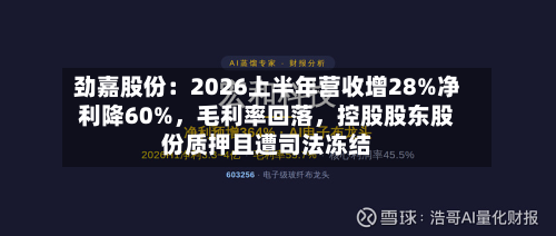 劲嘉股份：2026上半年营收增28%净利降60%，毛利率回落，控股股东股份质押且遭司法冻结