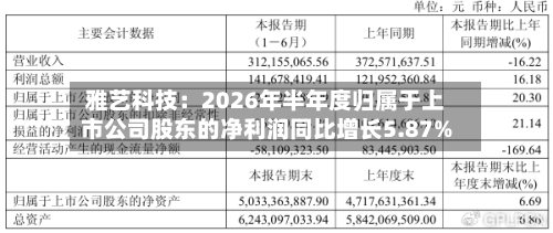 雅艺科技：2026年半年度归属于上市公司股东的净利润同比增长5.87%