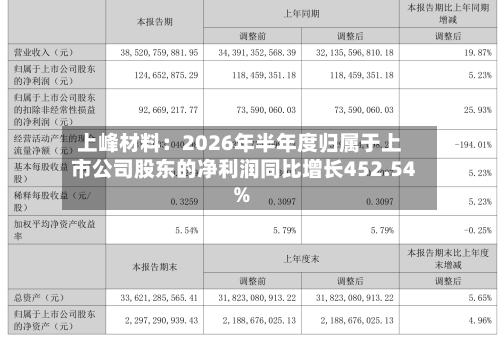 上峰材料：2026年半年度归属于上市公司股东的净利润同比增长452.54%-第1张图片