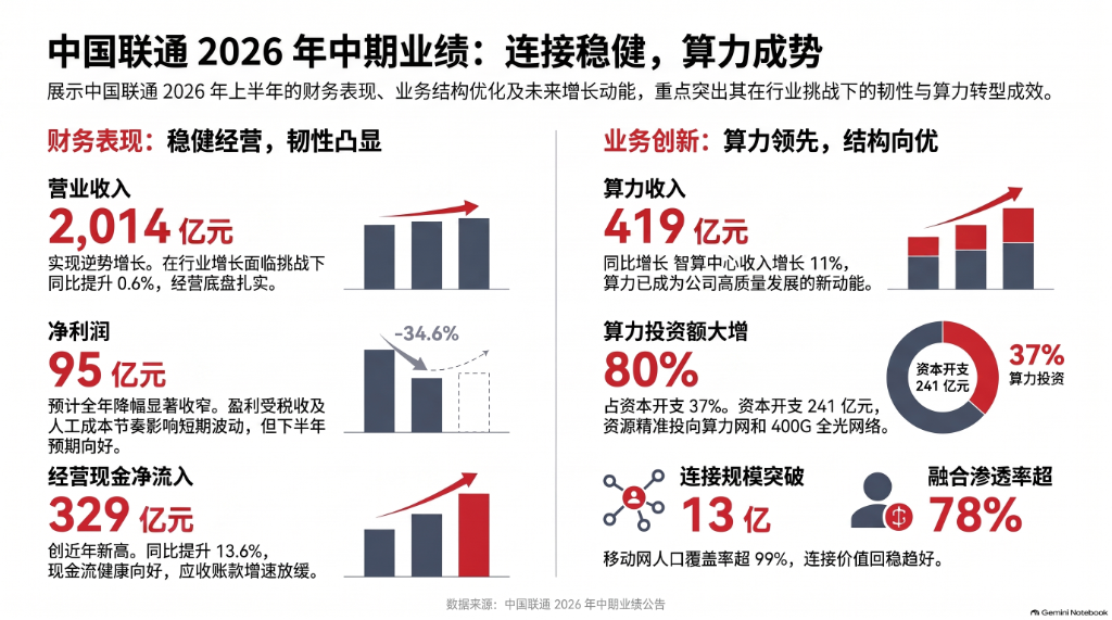 中国联通2026上半年营收同比增0.6%，算力收入同比增13%，净利润94.7亿元 | 财报见闻
