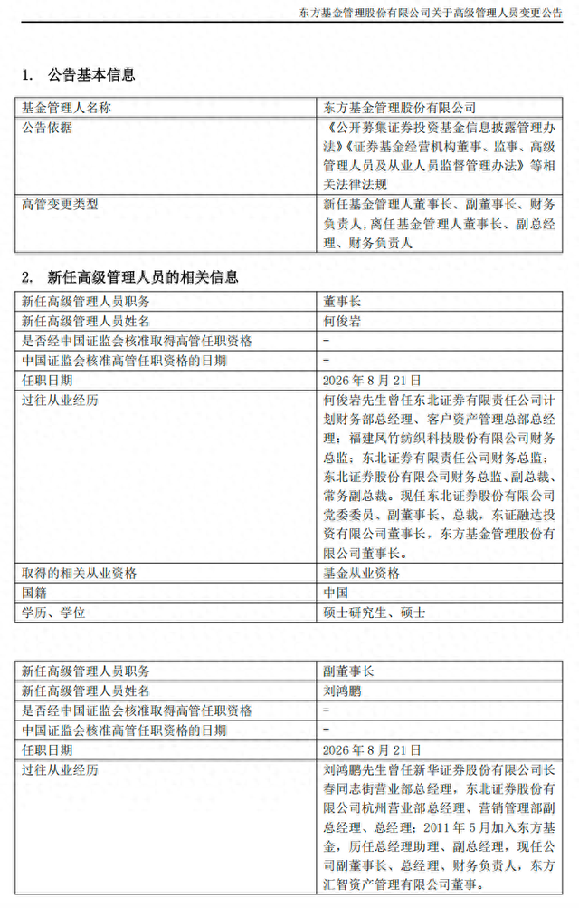 东方基金官宣新掌门人，58岁东北证券总裁何俊岩任董事长